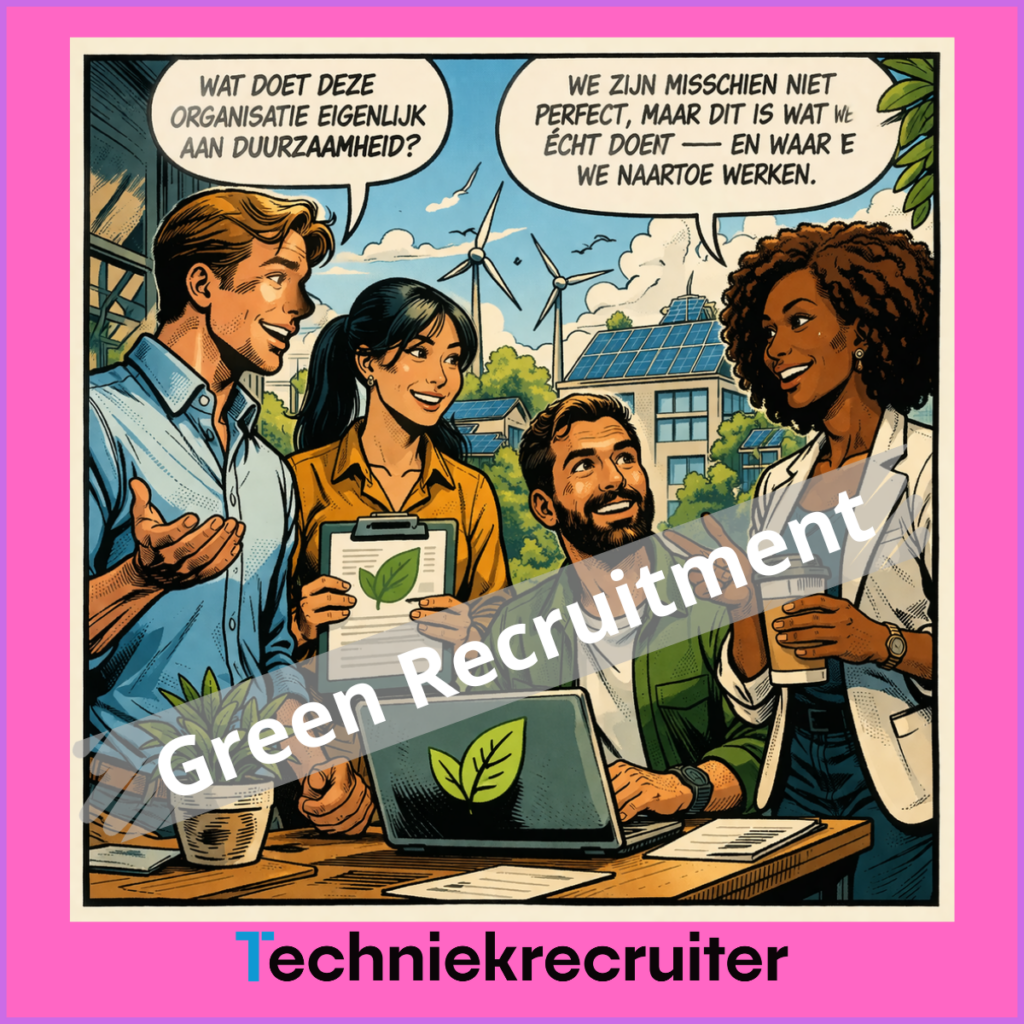 Graphic novel illustratie van professionals in gesprek over duurzaamheid in recruitment, met focus op green HRM, employer branding en een duurzame werkomgeving.